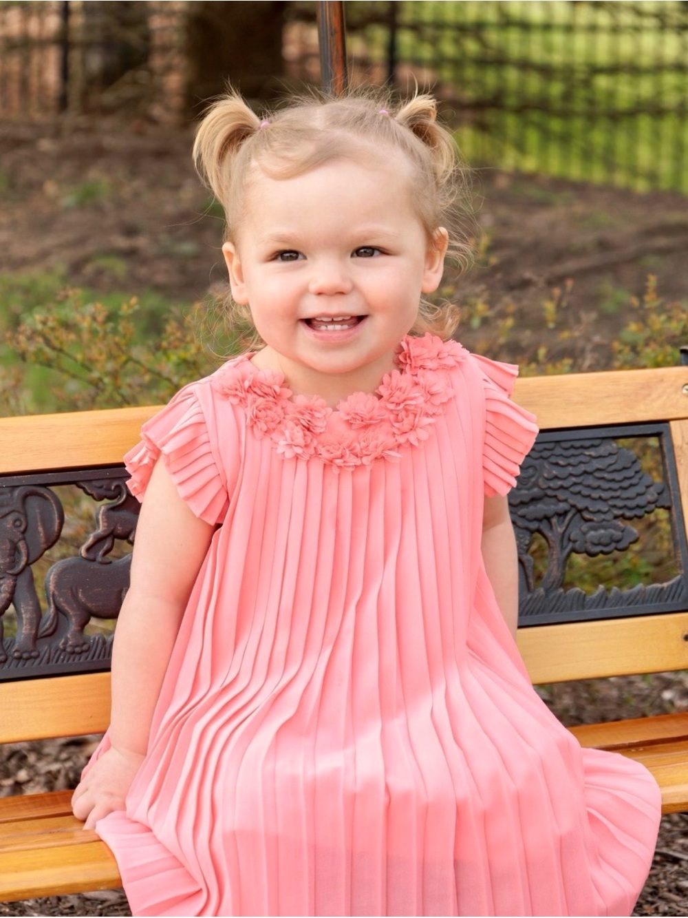 Mayoral Girls Coral Pleated Dress with Floral Neck